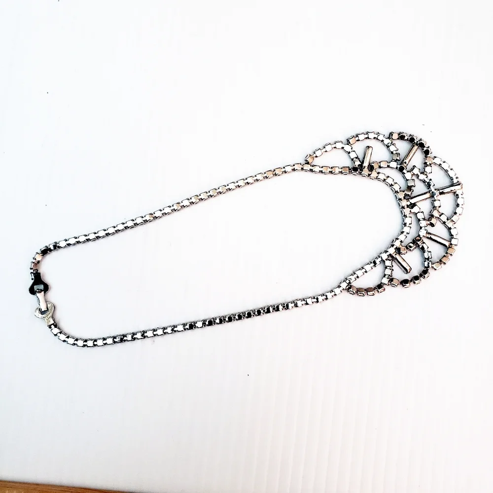 Vintage Rhinestone Statement Bib Necklace Silvertone